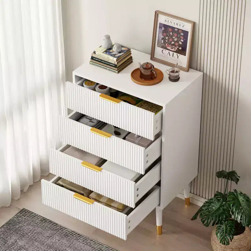Modern Small Fluted 4 Drawer Dresser with Gold Handle for Bedroom, Nightstand
