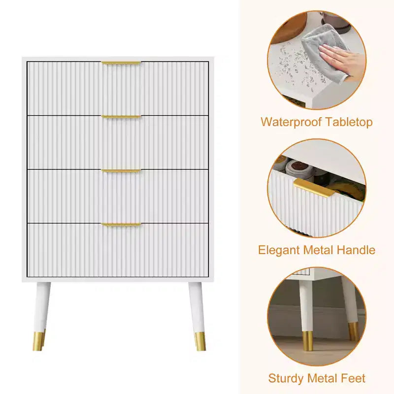 Modern Small Fluted 4 Drawer Dresser with Gold Handle for Bedroom, Nightstand