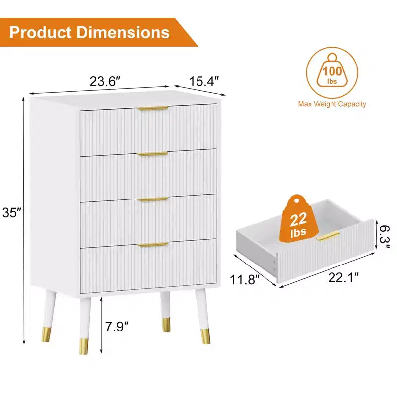 Modern Small Fluted 4 Drawer Dresser with Gold Handle for Bedroom, Nightstand