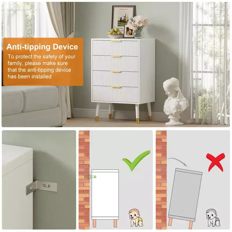 Modern Small Fluted 4 Drawer Dresser with Gold Handle for Bedroom, Nightstand