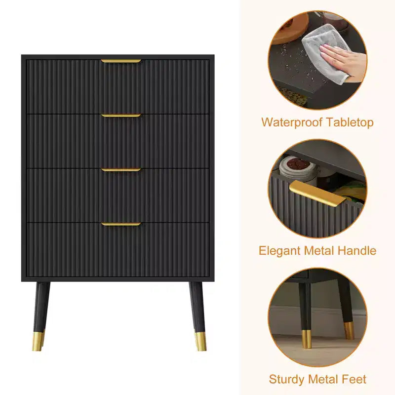 Modern Small Fluted 4 Drawer Dresser with Gold Handle for Bedroom, Nightstand