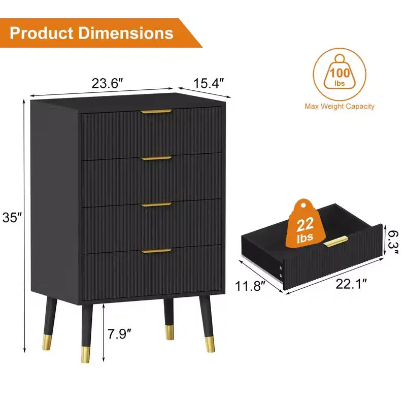 Modern Small Fluted 4 Drawer Dresser with Gold Handle for Bedroom, Nightstand