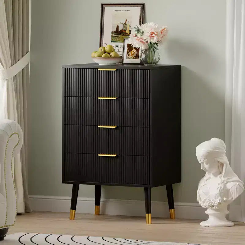 Modern Small Fluted 4 Drawer Dresser with Gold Handle for Bedroom, Nightstand
