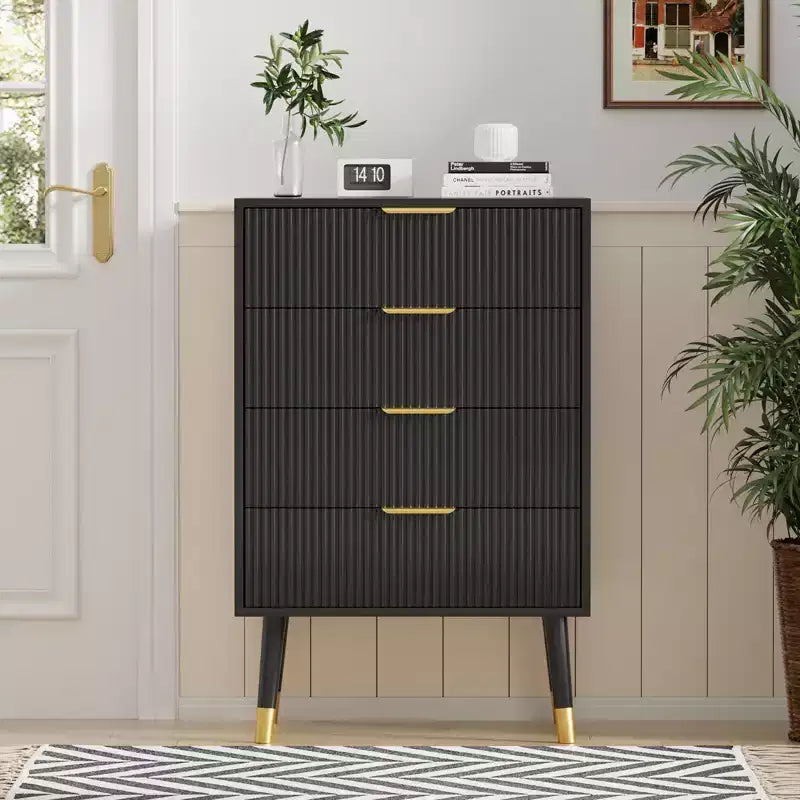 Modern Small Fluted 4 Drawer Dresser with Gold Handle for Bedroom, Nightstand