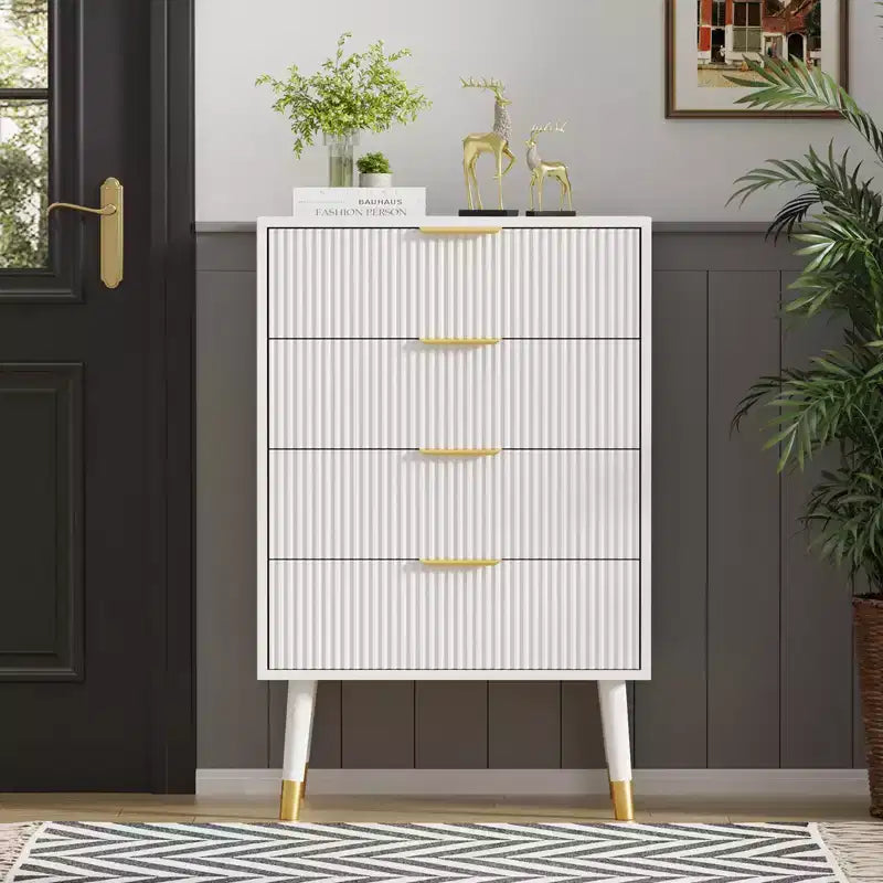 Modern Small Fluted 4 Drawer Dresser with Gold Handle for Bedroom, Nightstand