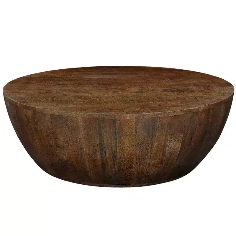 Mesa de centro Royal Hampton | Tapa redonda de 35,5" | Madera de mango marrón de nogal arenado con forma de tambor