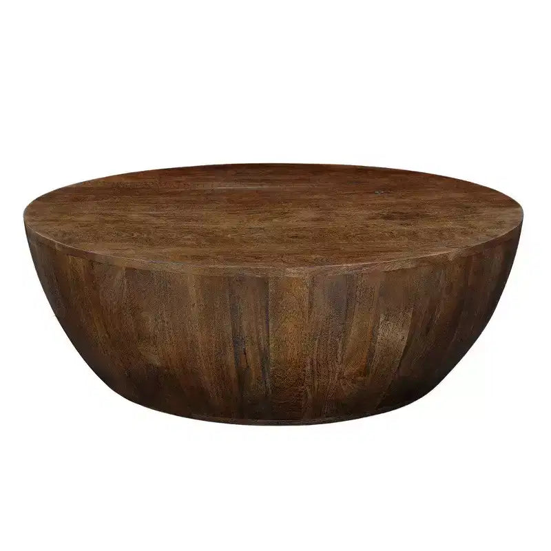 Mesa de centro Royal Hampton | Tapa redonda de 35,5" | Madera de mango marrón de nogal arenado con forma de tambor