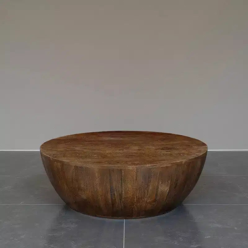 Mesa de centro Royal Hampton | Tapa redonda de 35,5" | Madera de mango marrón de nogal arenado con forma de tambor