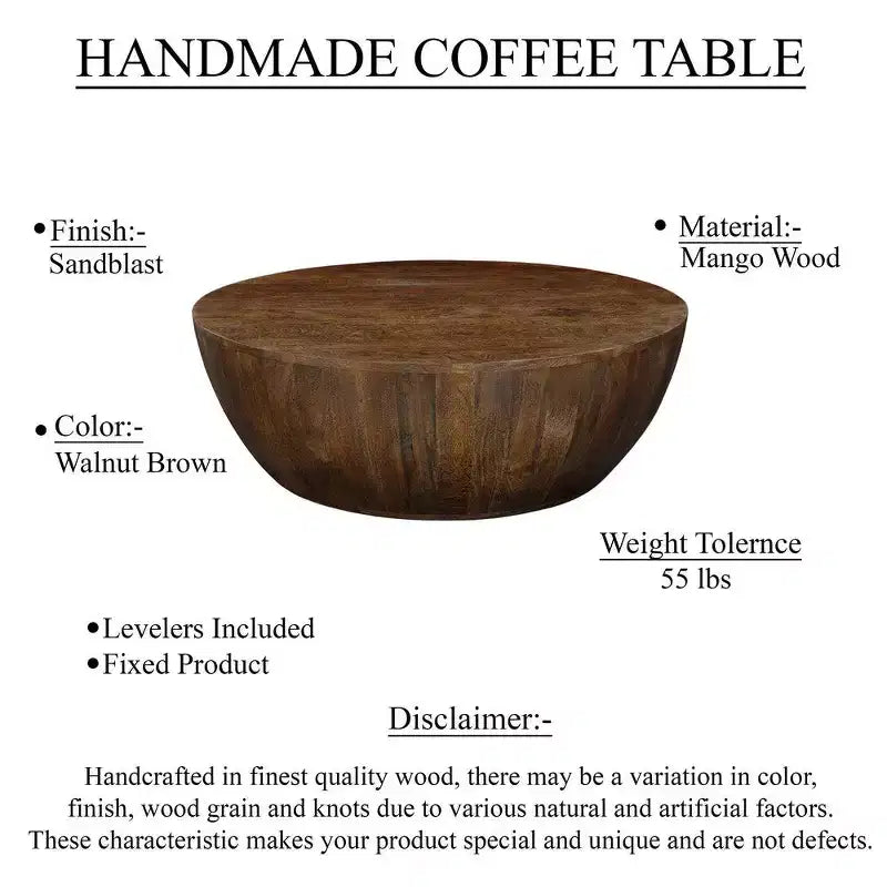 Mesa de centro Royal Hampton | Tapa redonda de 35,5" | Madera de mango marrón de nogal arenado con forma de tambor