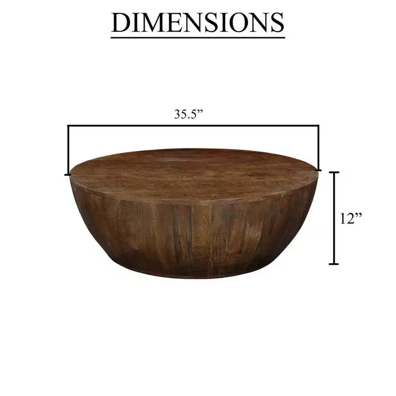 Mesa de centro Royal Hampton | Tapa redonda de 35,5" | Madera de mango marrón de nogal arenado con forma de tambor