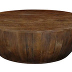 Mesa de centro Royal Hampton | Tapa redonda de 35,5" | Madera de mango marrón de nogal arenado con forma de tambor