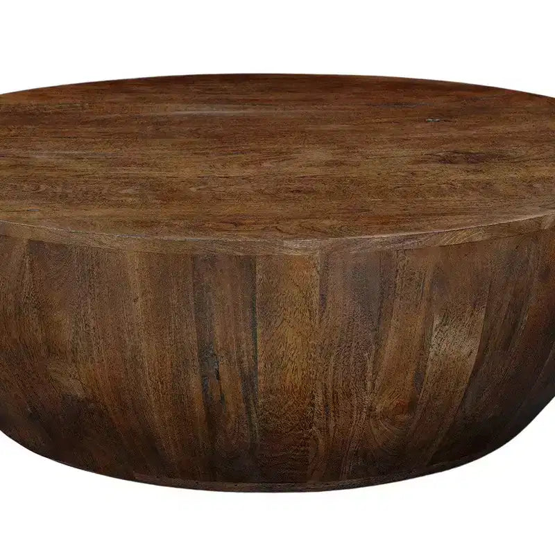 Mesa de centro Royal Hampton | Tapa redonda de 35,5" | Madera de mango marrón de nogal arenado con forma de tambor