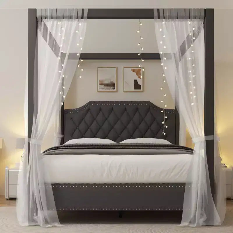 Estructura de cama con dosel tamaño Queen con cabecero decorado con clavos, estructura de cama tapizada con postes de 4 esquinas, soporte de lamas de madera maciza.