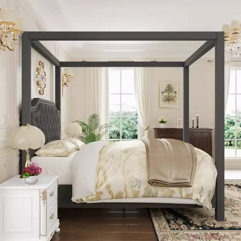Estructura de cama con dosel tamaño Queen con cabecero decorado con clavos, estructura de cama tapizada con postes de 4 esquinas, soporte de lamas de madera maciza.