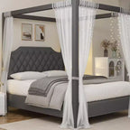 Estructura de cama con dosel tamaño Queen con cabecero decorado con clavos, estructura de cama tapizada con postes de 4 esquinas, soporte de lamas de madera maciza.