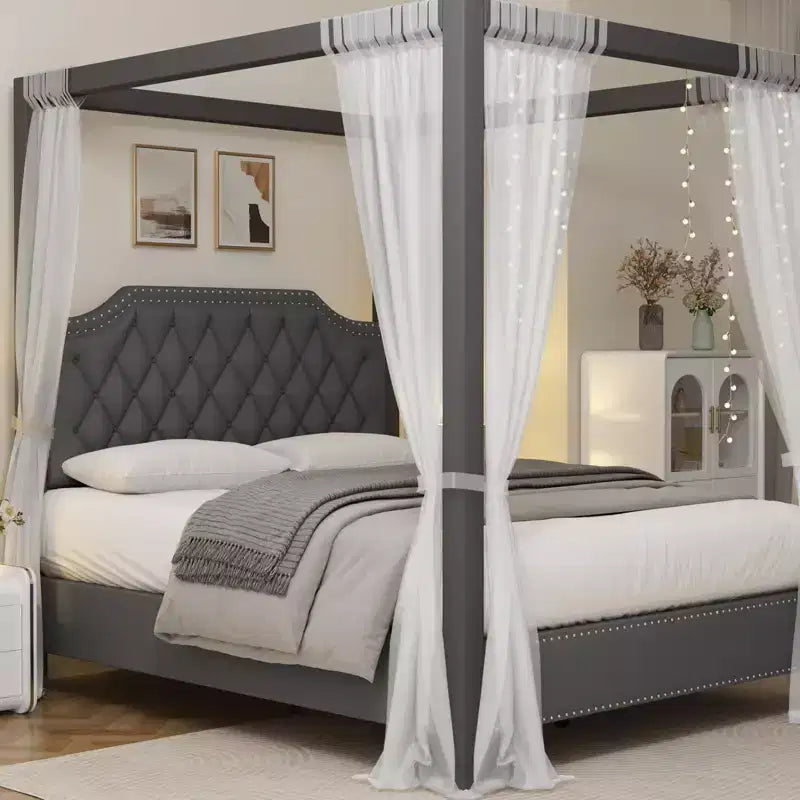 Estructura de cama con dosel tamaño Queen con cabecero decorado con clavos, estructura de cama tapizada con postes de 4 esquinas, soporte de lamas de madera maciza.