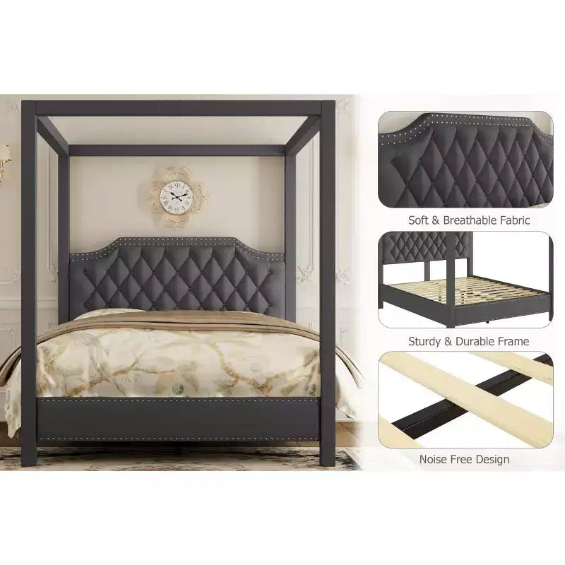 Estructura de cama con dosel tamaño Queen con cabecero decorado con clavos, estructura de cama tapizada con postes de 4 esquinas, soporte de lamas de madera maciza.