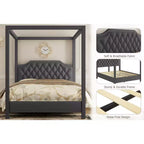 Estructura de cama con dosel tamaño Queen con cabecero decorado con clavos, estructura de cama tapizada con postes de 4 esquinas, soporte de lamas de madera maciza.