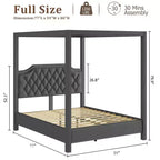 Estructura de cama con dosel tamaño Queen con cabecero decorado con clavos, estructura de cama tapizada con postes de 4 esquinas, soporte de lamas de madera maciza.