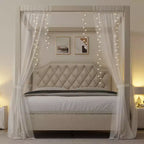 Estructura de cama con dosel tamaño Queen con cabecero decorado con clavos, estructura de cama tapizada con postes de 4 esquinas, soporte de lamas de madera maciza.
