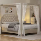 Estructura de cama con dosel tamaño Queen con cabecero decorado con clavos, estructura de cama tapizada con postes de 4 esquinas, soporte de lamas de madera maciza.