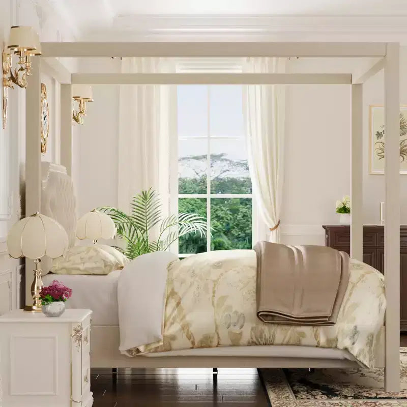 Estructura de cama con dosel tamaño Queen con cabecero decorado con clavos, estructura de cama tapizada con postes de 4 esquinas, soporte de lamas de madera maciza.
