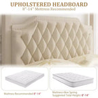 Estructura de cama con dosel tamaño Queen con cabecero decorado con clavos, estructura de cama tapizada con postes de 4 esquinas, soporte de lamas de madera maciza.