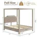 Estructura de cama con dosel tamaño Queen con cabecero decorado con clavos, estructura de cama tapizada con postes de 4 esquinas, soporte de lamas de madera maciza.