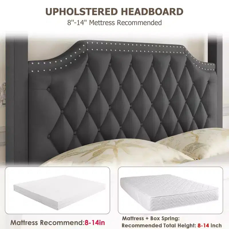 Estructura de cama con dosel tamaño Queen con cabecero decorado con clavos, estructura de cama tapizada con postes de 4 esquinas, soporte de lamas de madera maciza.