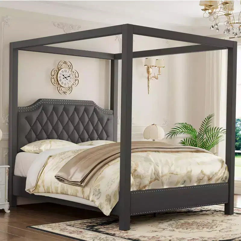 Estructura de cama con dosel tamaño Queen con cabecero decorado con clavos, estructura de cama tapizada con postes de 4 esquinas, soporte de lamas de madera maciza.