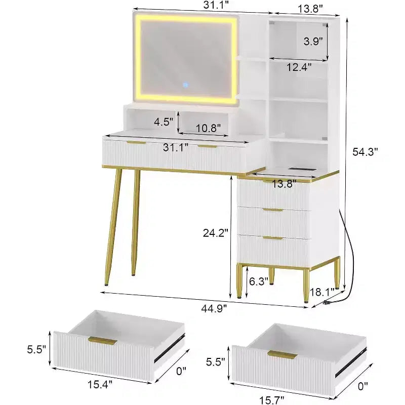 Tocador Acekool estriado con espejo, 5 cajones, estantes de vidrio, iluminación ajustable, puertos de carga, tocador de dormitorio, color madera, 114 cm
