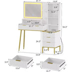 Tocador Acekool estriado con espejo, 5 cajones, estantes de vidrio, iluminación ajustable, puertos de carga, tocador de dormitorio, color madera, 114 cm