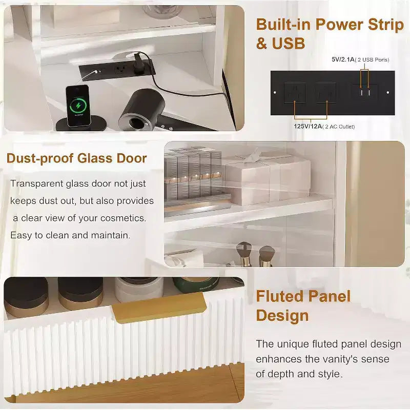 Tocador Acekool estriado con espejo, 5 cajones, estantes de vidrio, iluminación ajustable, puertos de carga, tocador de dormitorio, color madera, 114 cm