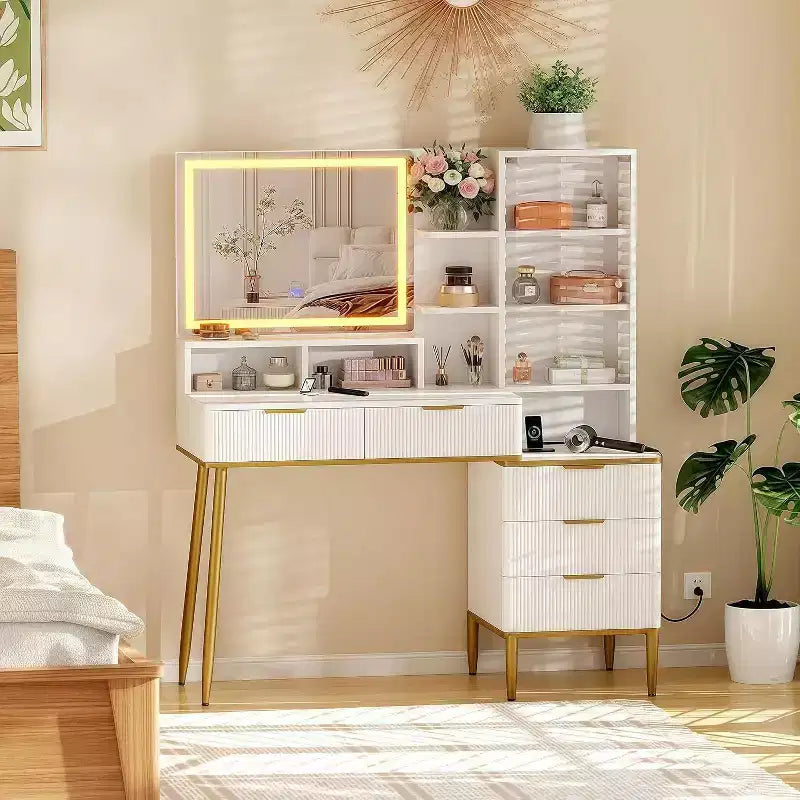 Tocador Acekool estriado con espejo, 5 cajones, estantes de vidrio, iluminación ajustable, puertos de carga, tocador de dormitorio, color madera, 114 cm