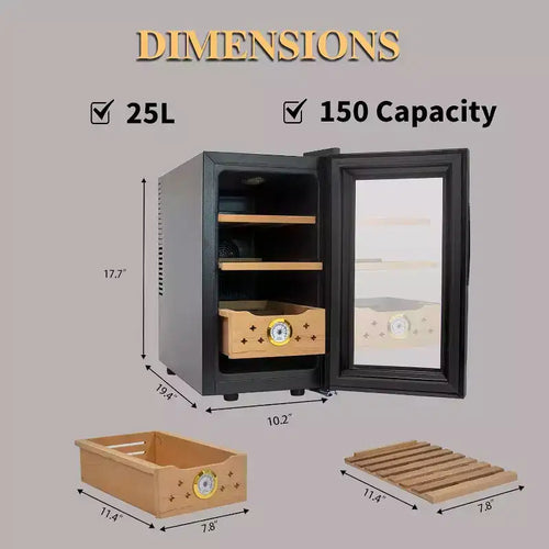 25L Electric Humidor Cigar Box, Temperature Adjustable Digital Display LED Lighted 150 Counts Cigar Cabinet with Spanish CED