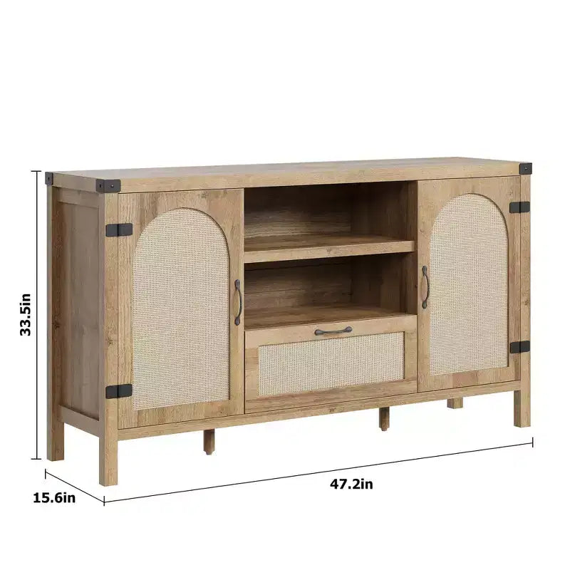 47.2 Gabinete Buffet de Granja - Aparador de Cocina con Decoración de Ratán y Almacenamiento para Sala de Estar y Entrada, Natural