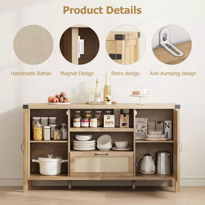 47.2 Gabinete Buffet de Granja - Aparador de Cocina con Decoración de Ratán y Almacenamiento para Sala de Estar y Entrada, Natural