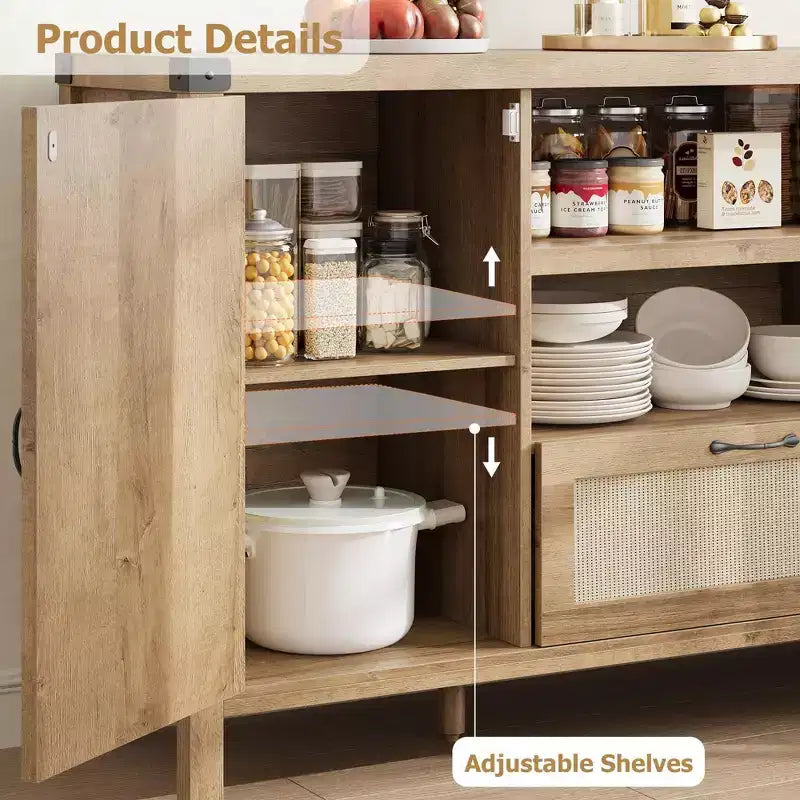 47.2 Gabinete Buffet de Granja - Aparador de Cocina con Decoración de Ratán y Almacenamiento para Sala de Estar y Entrada, Natural