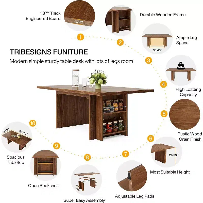 Mesa de comedor de casa de campo Lantine para 4-6, mesa de comedor rectangular de 62.99 pulgadas con almacenamiento para cocina, sala de estar