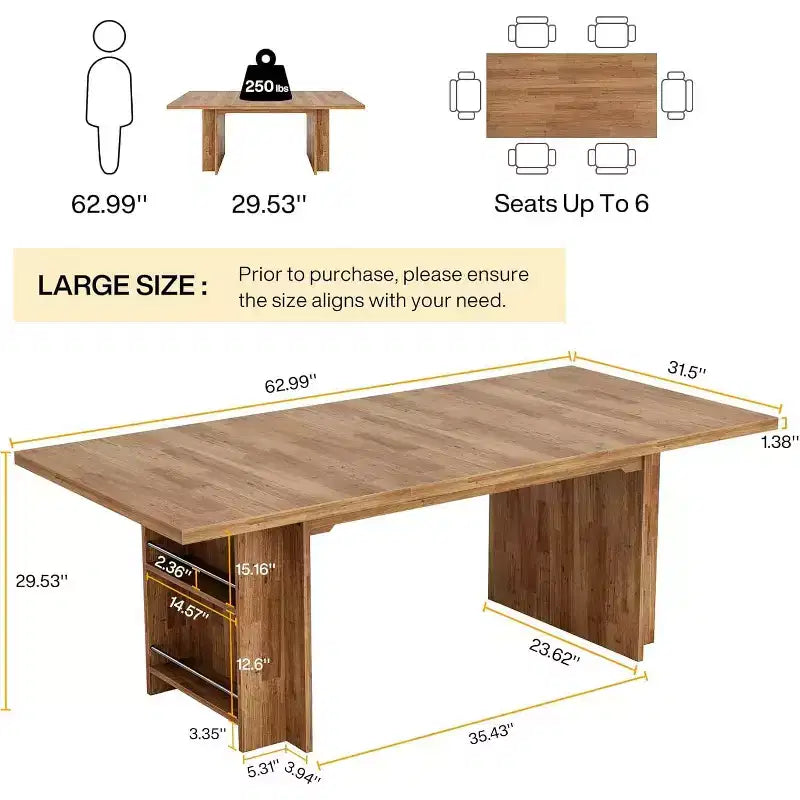 Mesa de comedor de casa de campo Lantine para 4-6, mesa de comedor rectangular de 62.99 pulgadas con almacenamiento para cocina, sala de estar