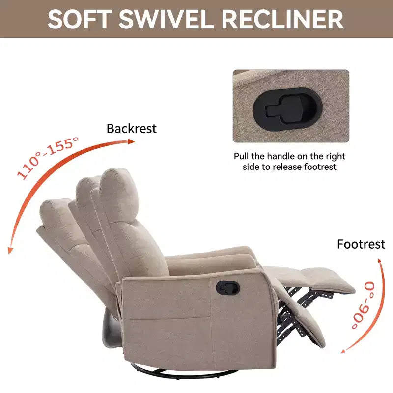 Sillón reclinable manual de masaje térmico con balancín y giratorio de tela para sala de estar