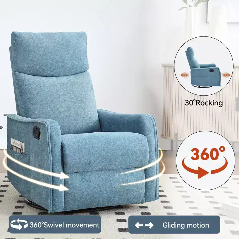 Sillón reclinable manual de masaje térmico con balancín y giratorio de tela para sala de estar