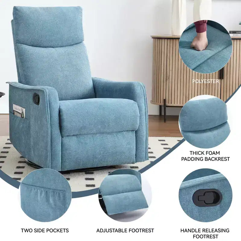Sillón reclinable manual de masaje térmico con balancín y giratorio de tela para sala de estar