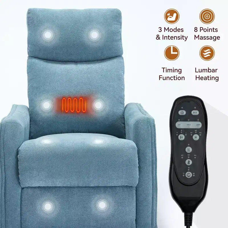 Sillón reclinable manual de masaje térmico con balancín y giratorio de tela para sala de estar