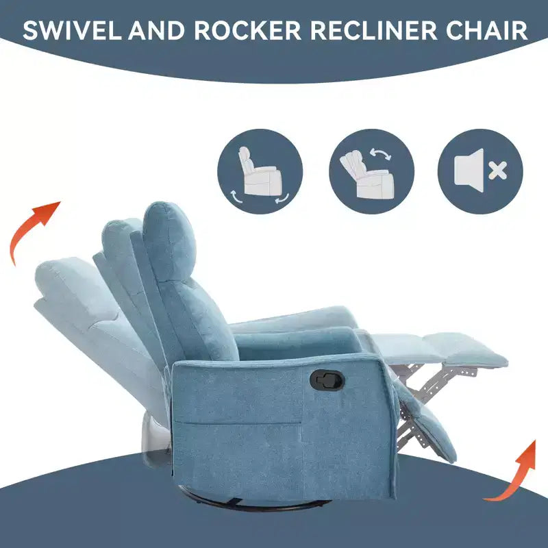 Sillón reclinable manual de masaje térmico con balancín y giratorio de tela para sala de estar