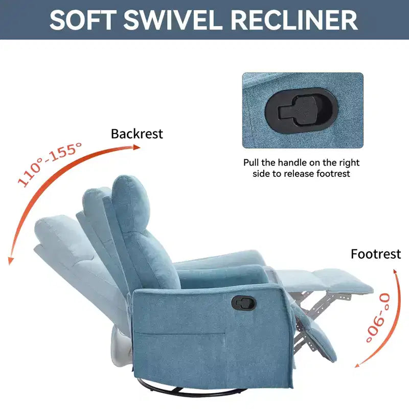 Sillón reclinable manual de masaje térmico con balancín y giratorio de tela para sala de estar