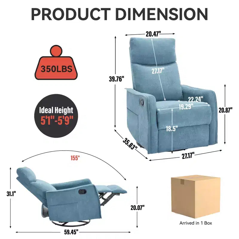 Sillón reclinable manual de masaje térmico con balancín y giratorio de tela para sala de estar