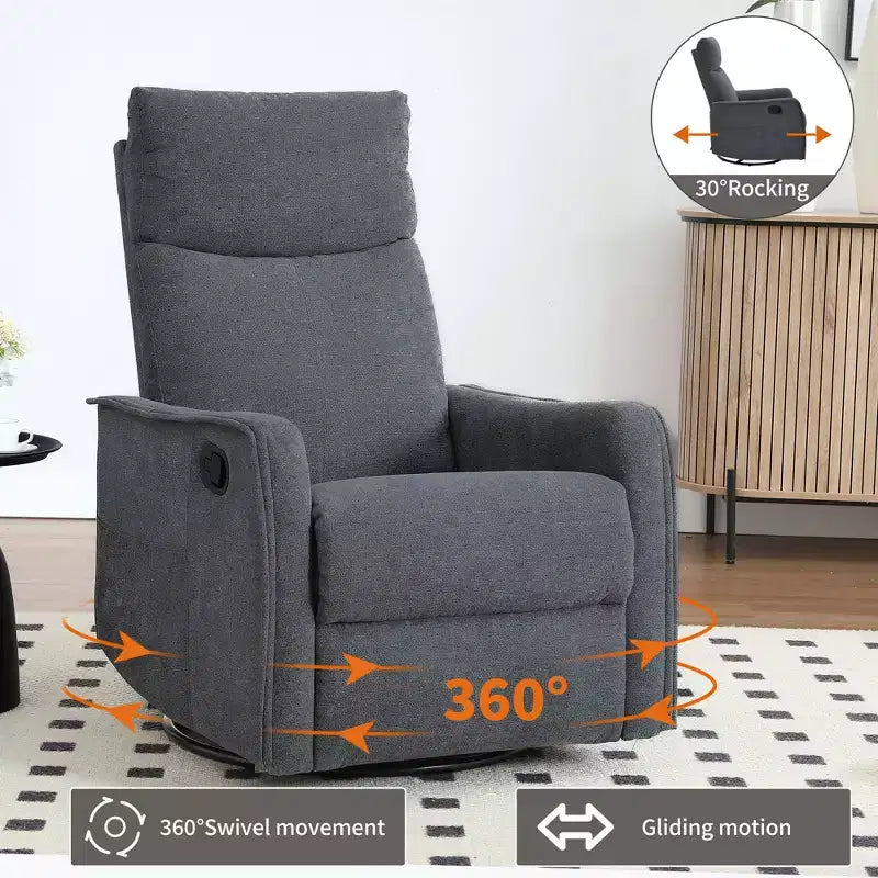 Sillón reclinable manual de masaje térmico con balancín y giratorio de tela para sala de estar