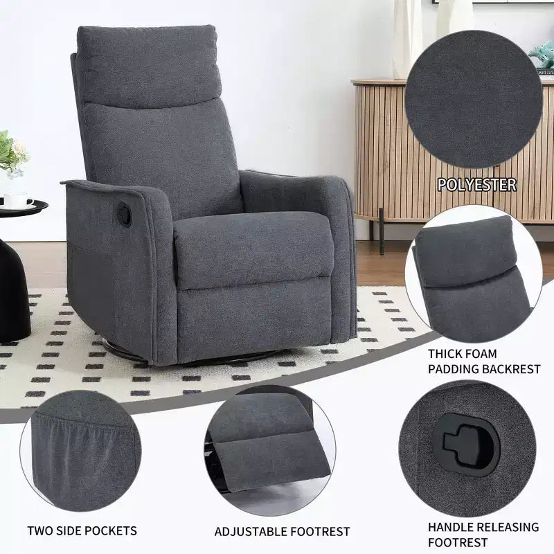 Sillón reclinable manual de masaje térmico con balancín y giratorio de tela para sala de estar