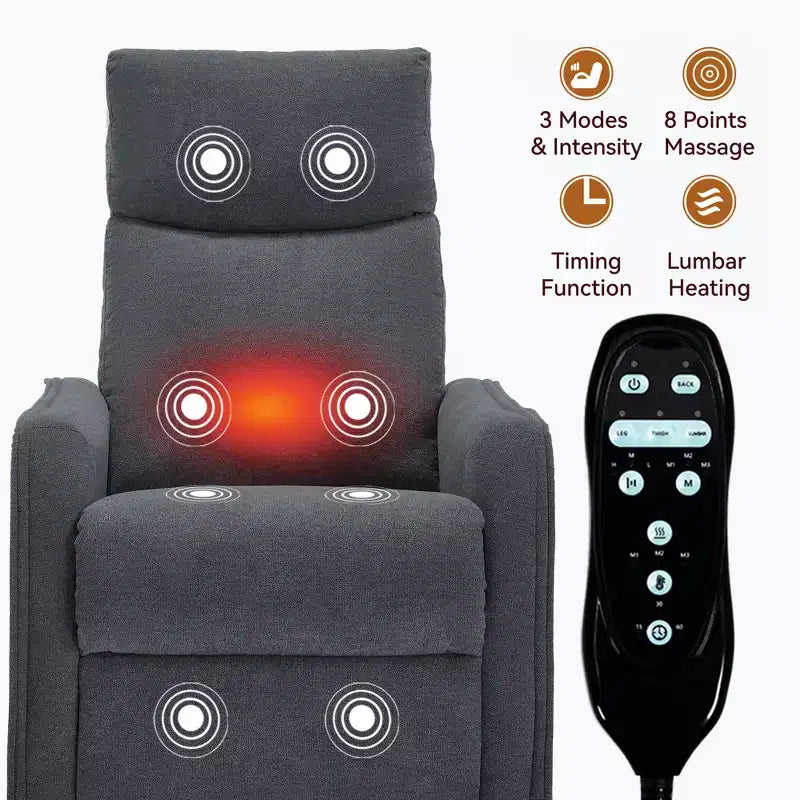 Sillón reclinable manual de masaje térmico con balancín y giratorio de tela para sala de estar